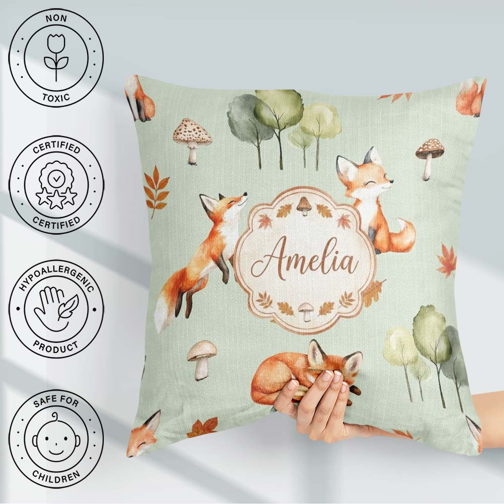Custom Name Watercolor Woodland Fox Mushroom on Green Background Square Filled Cushion Throw Pillow Sofa Bed Home Decor Zip Washable UK Made