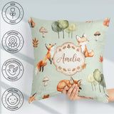 Custom Name Watercolor Woodland Fox Mushroom on Green Background Square Filled Cushion Throw Pillow Sofa Bed Home Decor Zip Washable UK Made