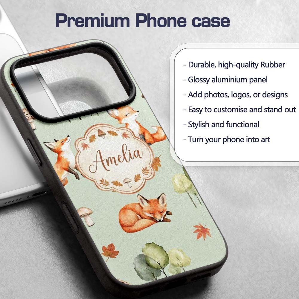 Watercolor Woodland Fox Mushroom Autumn on Sage Custom Name Protective Phone Case Mobile Cover Durable Everyday Smartphone Shock Resistant