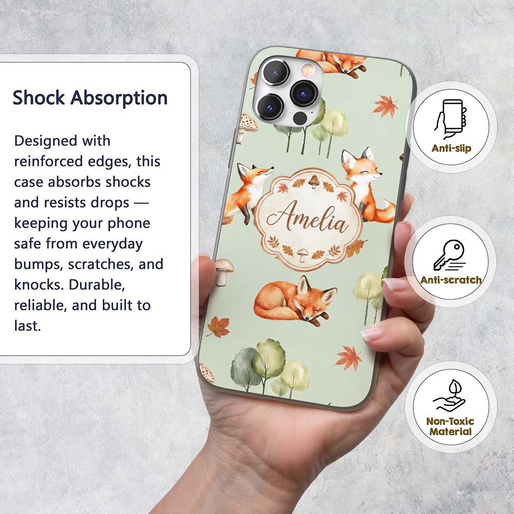 Watercolor Woodland Fox Mushroom Autumn on Sage Custom Name Protective Phone Case Mobile Cover Durable Everyday Smartphone Shock Resistant