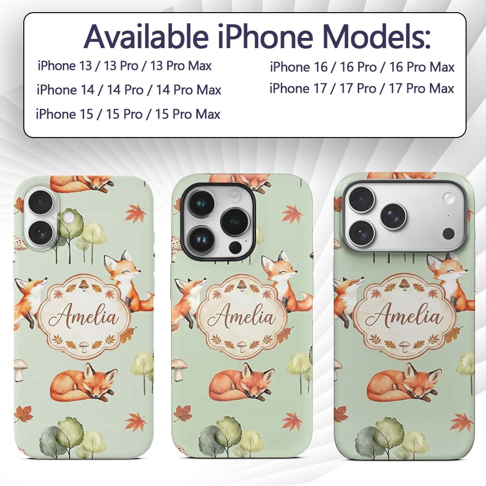 Watercolor Woodland Fox Mushroom Autumn on Sage Custom Name Protective Phone Case Mobile Cover Durable Everyday Smartphone Shock Resistant