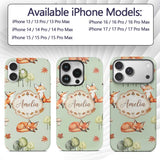 Watercolor Woodland Fox Mushroom Autumn on Sage Custom Name Protective Phone Case Mobile Cover Durable Everyday Smartphone Shock Resistant