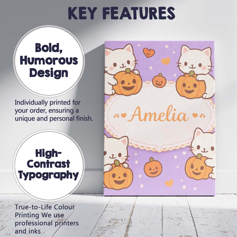 Personalised Name Cute Halloween Cat Pumpkin Cartoon Animal Pattern Custom Canvas Wall Art Print Decor Picture Ready to Hang