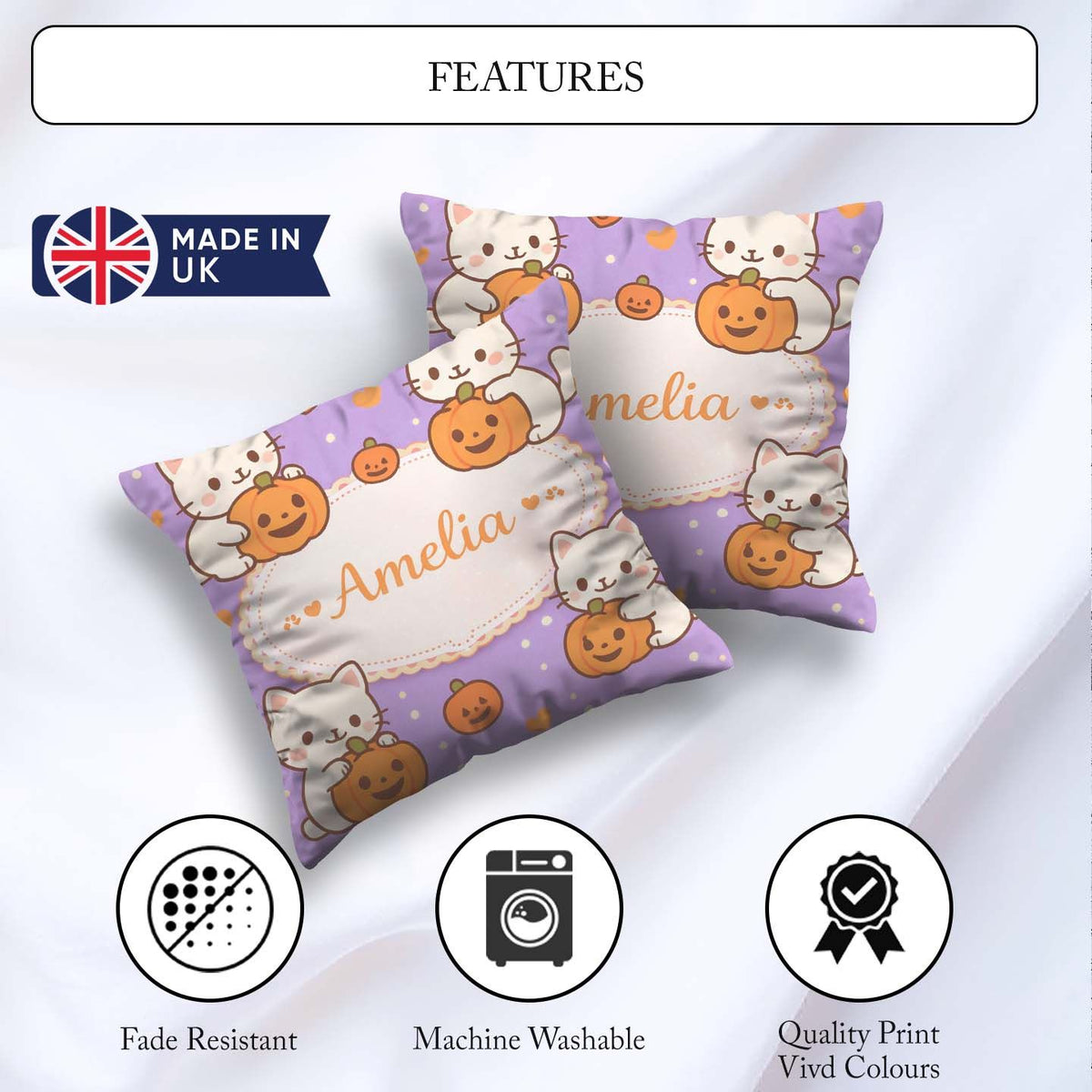 Custom Name Cute Halloween Cat Pumpkin Cartoon Animal Pattern Square Filled Cushion Throw Pillow Sofa Bed Home Decor Zip Washable UK Made