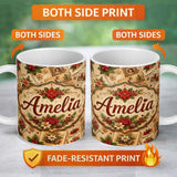 Personalized Custom Name Vintage Christmas Cards Floral Arrangements and Rustic Holiday 11oz Ceramic Coffee Tea Mug White Large Handle
