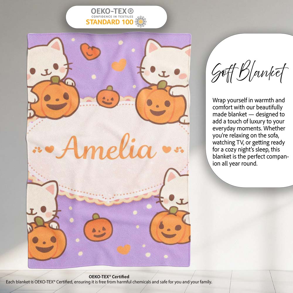 Cute Halloween Cat Pumpkin Cartoon Animal Pattern Cute Unique Gift  Personalised Custom Name Super Soft Fleece Blanket Bed Sofa Throw
