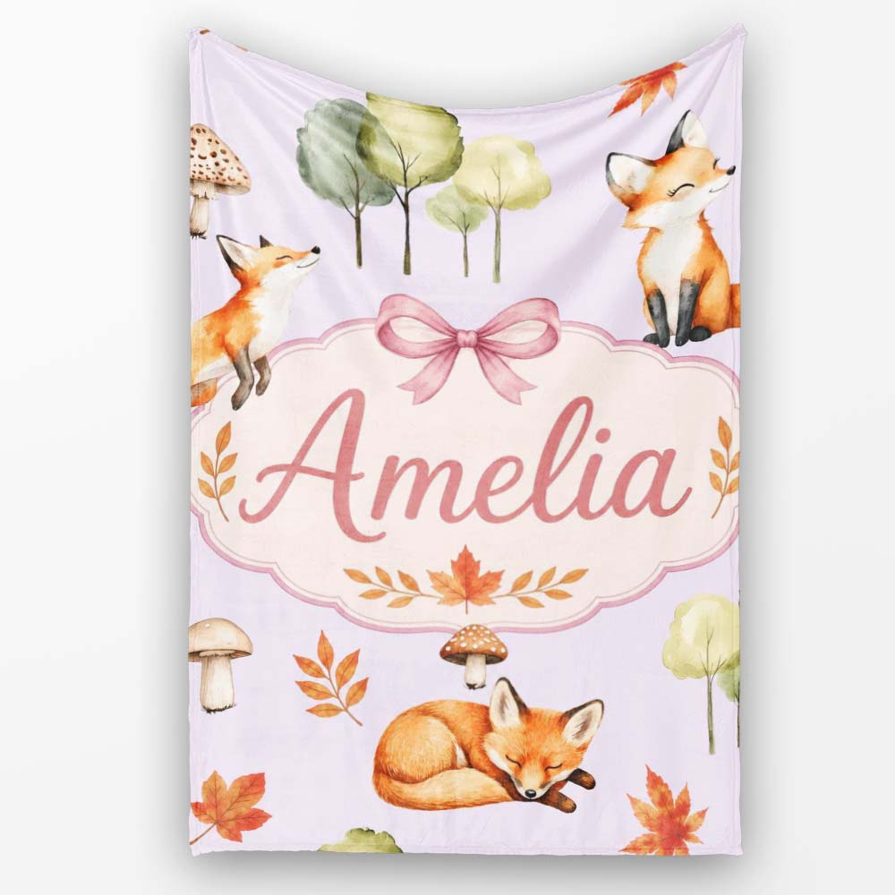 Watercolor Woodland Fox Mushroom Autumn on Soft Lavender Background  Personalised Custom Name Super Soft Fleece Blanket Bed Sofa Throw