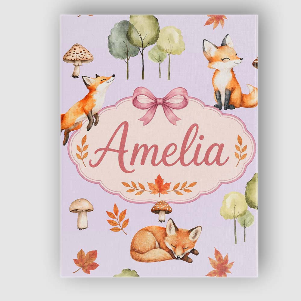 Personalised Name Watercolor Woodland Fox Custom  Unique Gift Idea Elegant Feature Canvas Wall Art Print Decor Picture Ready to Hang