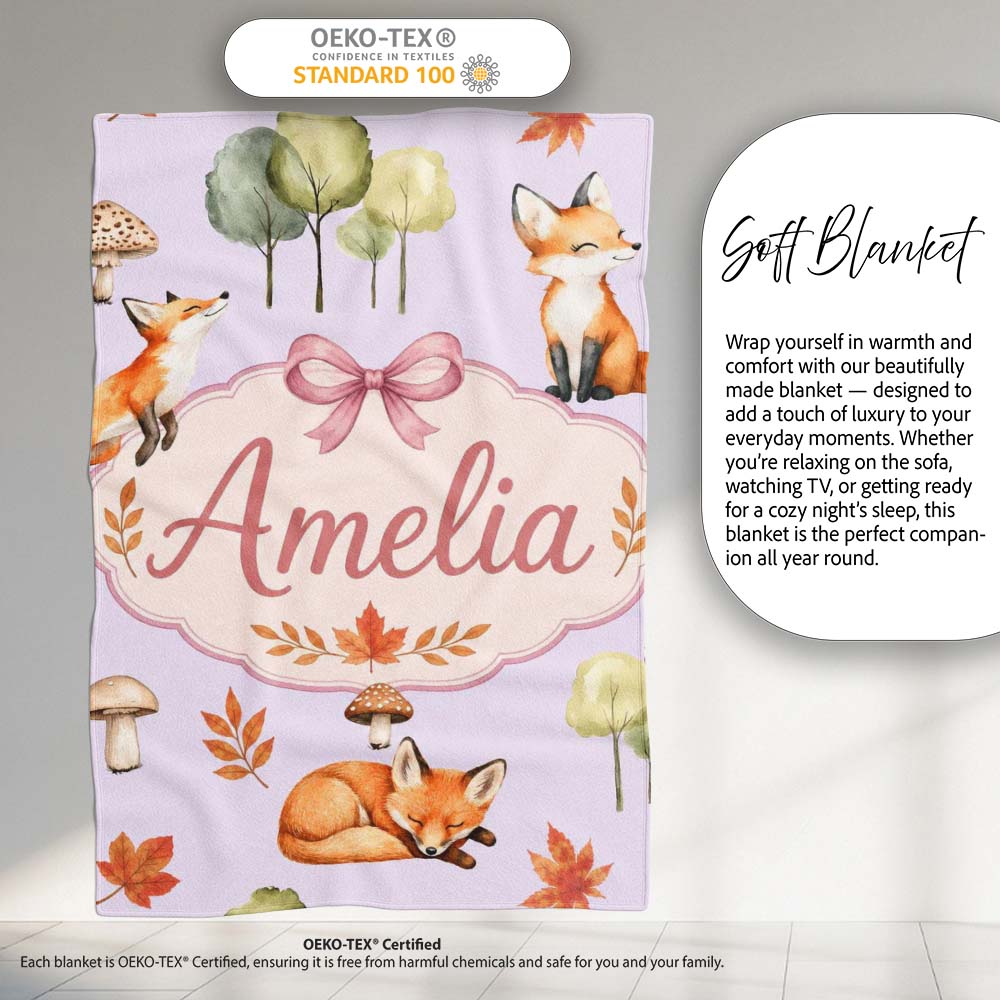 Watercolor Woodland Fox Mushroom Autumn on Soft Lavender Background  Personalised Custom Name Super Soft Fleece Blanket Bed Sofa Throw
