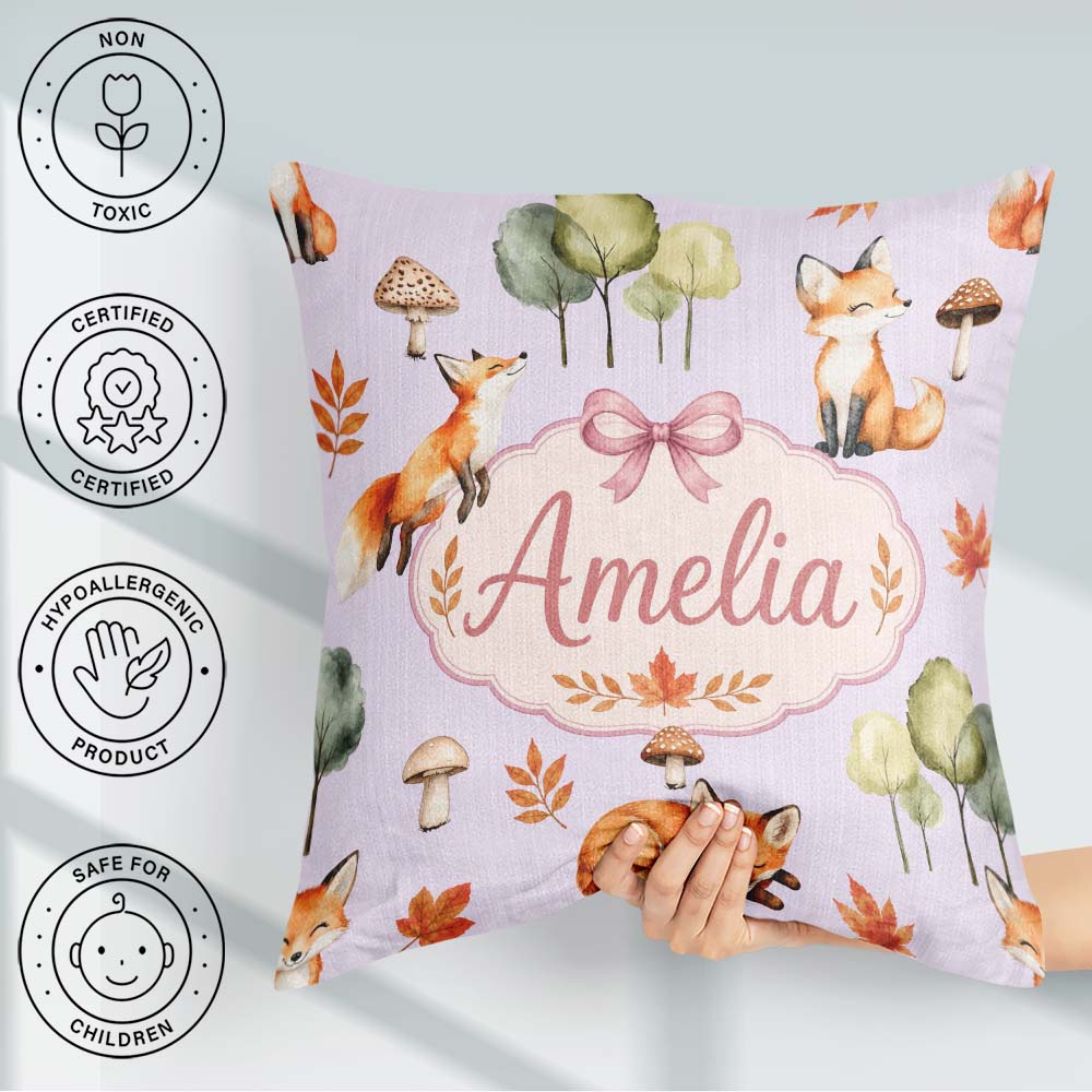 Custom Name Watercolor Woodland Mushroom Autumn on Soft Lavender Square Filled Cushion Throw Pillow Sofa Bed Home Decor Zip Washable UK Made