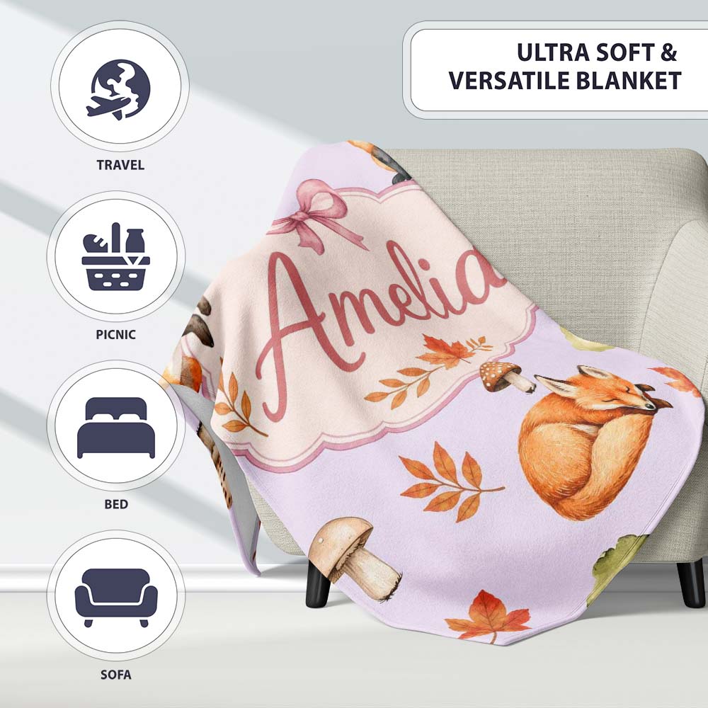 Watercolor Woodland Fox Mushroom Autumn on Soft Lavender Background  Personalised Custom Name Super Soft Fleece Blanket Bed Sofa Throw