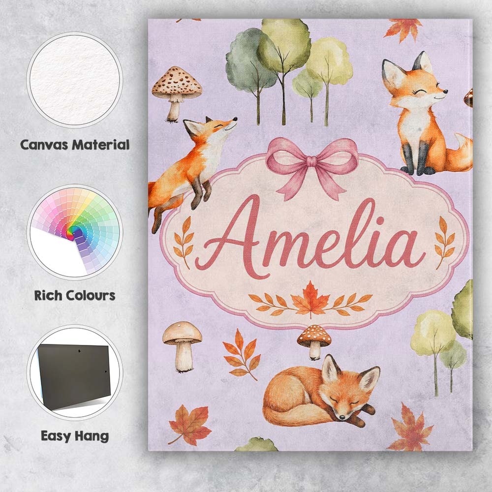 Personalised Name Watercolor Woodland Fox Custom  Unique Gift Idea Elegant Feature Canvas Wall Art Print Decor Picture Ready to Hang