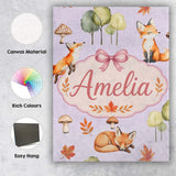 Personalised Name Watercolor Woodland Fox Custom  Unique Gift Idea Elegant Feature Canvas Wall Art Print Decor Picture Ready to Hang