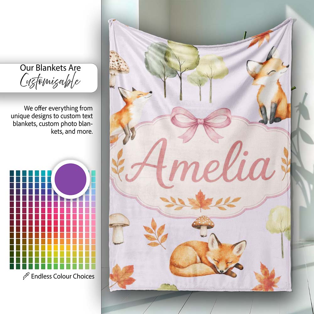 Watercolor Woodland Fox Mushroom Autumn on Soft Lavender Background  Personalised Custom Name Super Soft Fleece Blanket Bed Sofa Throw