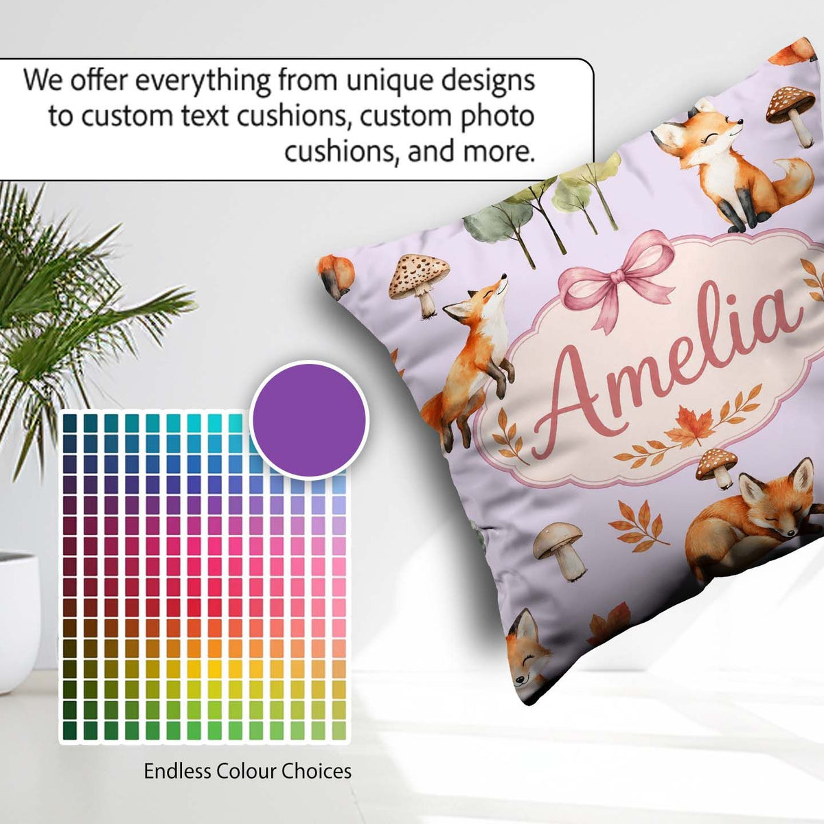 Custom Name Watercolor Woodland Mushroom Autumn on Soft Lavender Square Filled Cushion Throw Pillow Sofa Bed Home Decor Zip Washable UK Made
