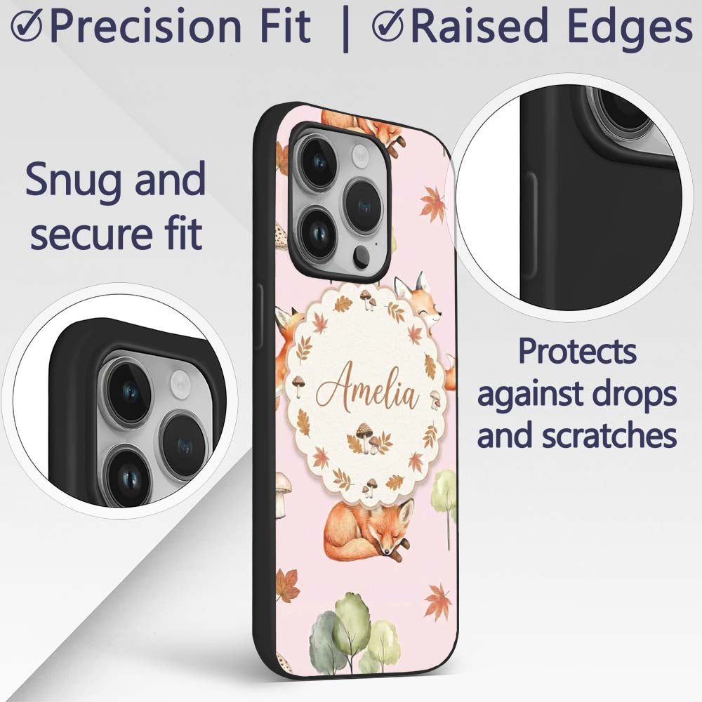 Watercolor Woodland Fox Mushroom Autumn on Dusty Custom Name Protective Phone Case Mobile Cover Durable Everyday Smartphone Shock Resistant