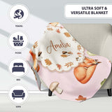 Watercolor Woodland Fox Mushroom Autumn on Dusty Pink Background  Personalised Custom Name Super Soft Fleece Blanket Bed Sofa Throw