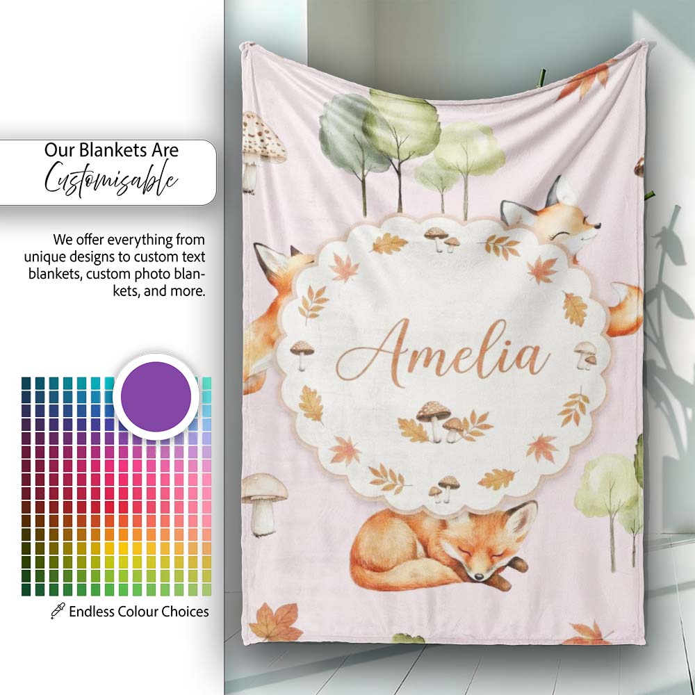Watercolor Woodland Fox Mushroom Autumn on Dusty Pink Background  Personalised Custom Name Super Soft Fleece Blanket Bed Sofa Throw