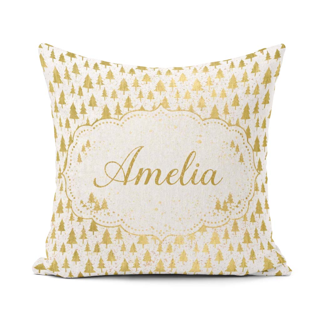 Custom Name Gold Christmas Tree White Background Seamless Lovely Square Filled Cushion Throw Pillow Sofa Bed Home Decor Zip Washable UK Made