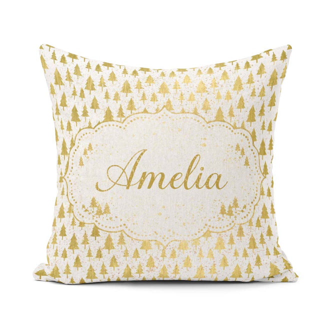 Custom Name Gold Christmas Tree White Background Seamless Lovely Square Filled Cushion Throw Pillow Sofa Bed Home Decor Zip Washable UK Made