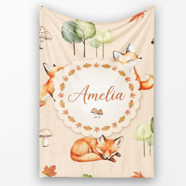 Watercolor Woodland Fox Mushroom Autumn on Warm Beige Background  Personalised Custom Name Super Soft Fleece Blanket Bed Sofa Throw