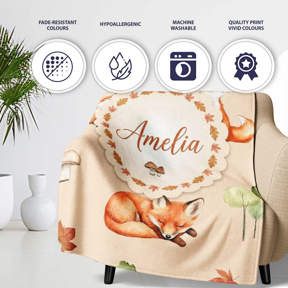 Watercolor Woodland Fox Mushroom Autumn on Warm Beige Background  Personalised Custom Name Super Soft Fleece Blanket Bed Sofa Throw