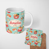 Personalized Custom Name Cute Kawaii Sushi Ramen Dumpling Food Mint Background Seamless 11oz Ceramic Coffee Tea Mug White Large Handle