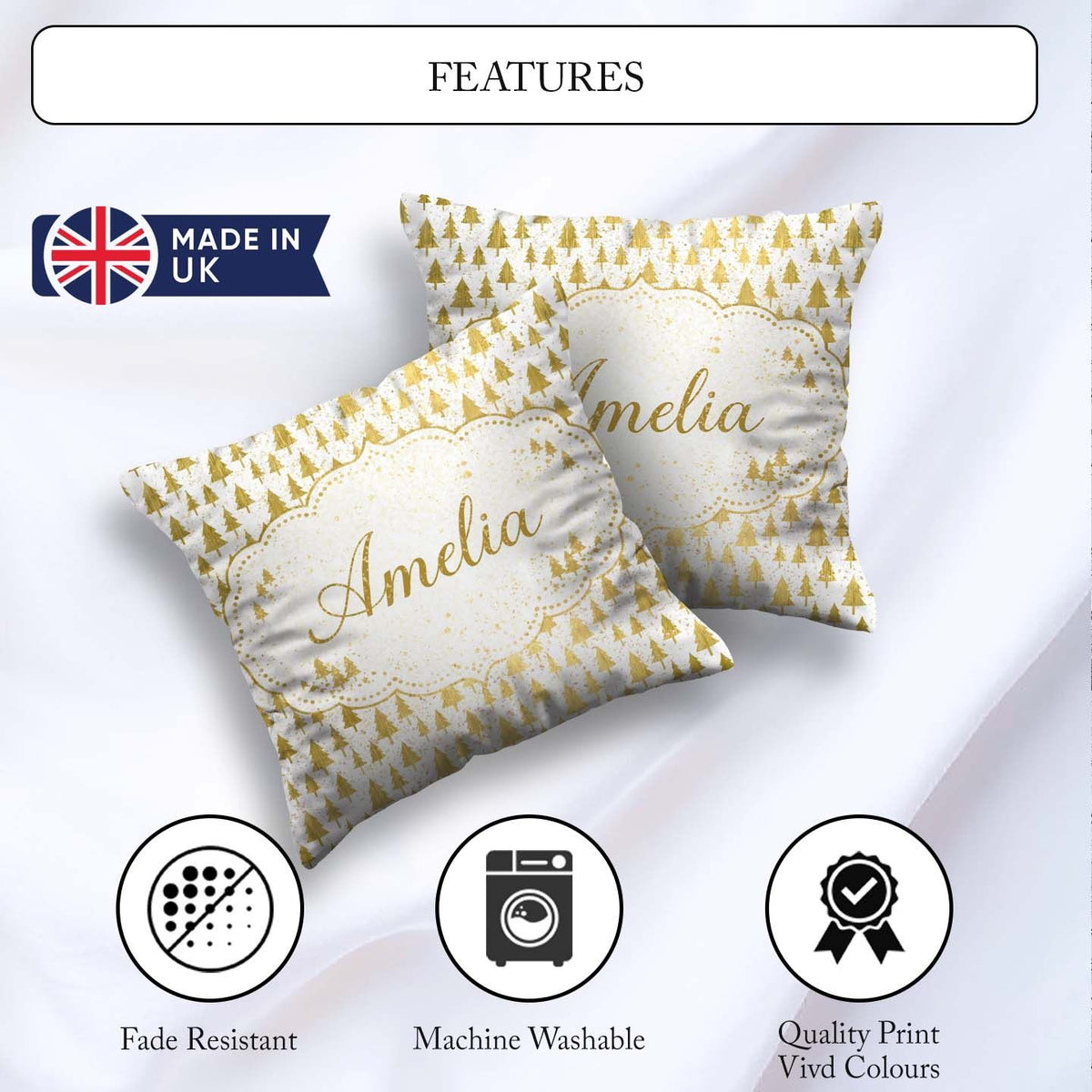 Custom Name Gold Christmas Tree White Background Seamless Lovely Square Filled Cushion Throw Pillow Sofa Bed Home Decor Zip Washable UK Made