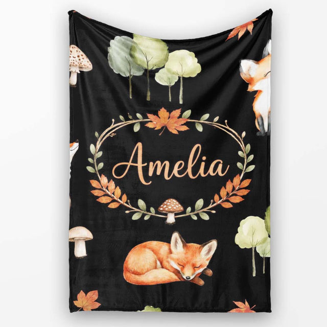 Watercolor Woodland Fox Mushroom Autumn Seamless Pattern on White  Personalised Custom Name Super Soft Fleece Blanket Bed Sofa Throw