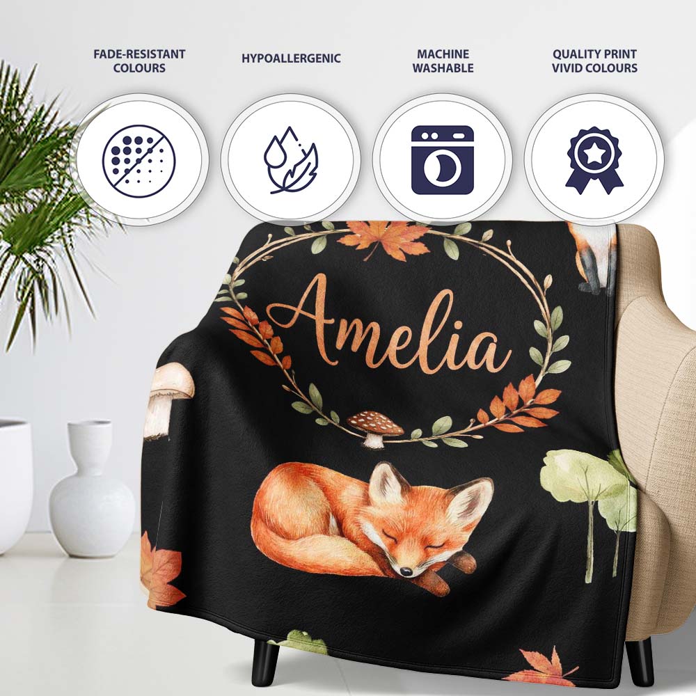 Watercolor Woodland Fox Mushroom Autumn Seamless Pattern on White  Personalised Custom Name Super Soft Fleece Blanket Bed Sofa Throw