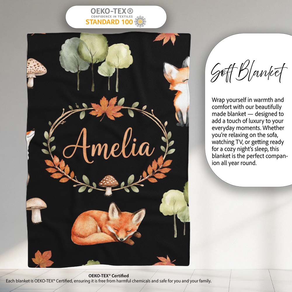 Watercolor Woodland Fox Mushroom Autumn Seamless Pattern on White  Personalised Custom Name Super Soft Fleece Blanket Bed Sofa Throw