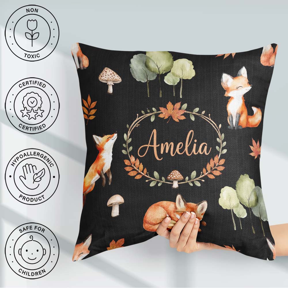 Custom Name Watercolor Woodland Fox Mushroom Seamless Pattern on Square Filled Cushion Throw Pillow Sofa Bed Home Decor Zip Washable UK Made