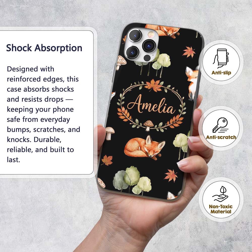 Watercolor Woodland Fox Mushroom Autumn Seamless Custom Name Protective Phone Case Mobile Cover Durable Everyday Smartphone Shock Resistant