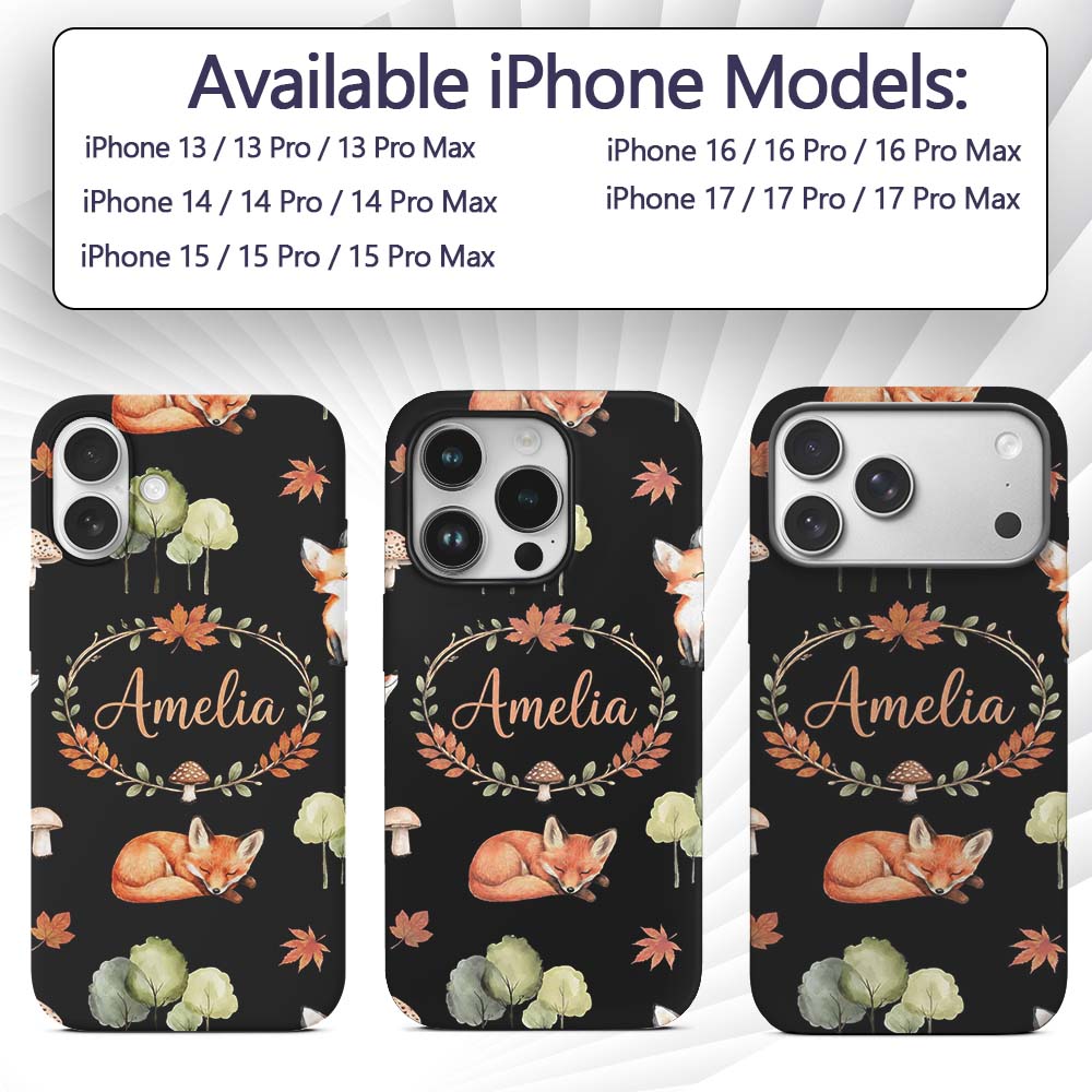Watercolor Woodland Fox Mushroom Autumn Seamless Custom Name Protective Phone Case Mobile Cover Durable Everyday Smartphone Shock Resistant