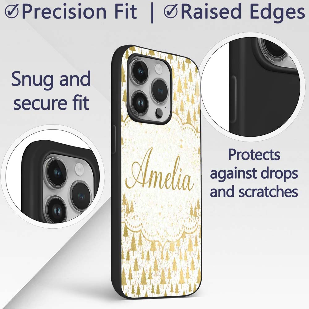 Gold Christmas Tree Pattern White Background Custom Name Protective Phone Case Mobile Cover Durable Everyday Smartphone Shock Resistant
