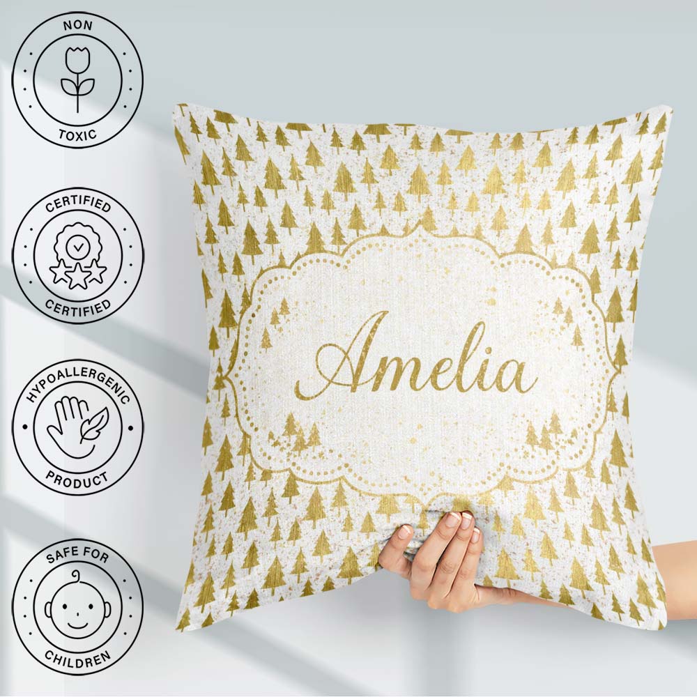 Custom Name Gold Christmas Tree White Background Seamless Lovely Square Filled Cushion Throw Pillow Sofa Bed Home Decor Zip Washable UK Made