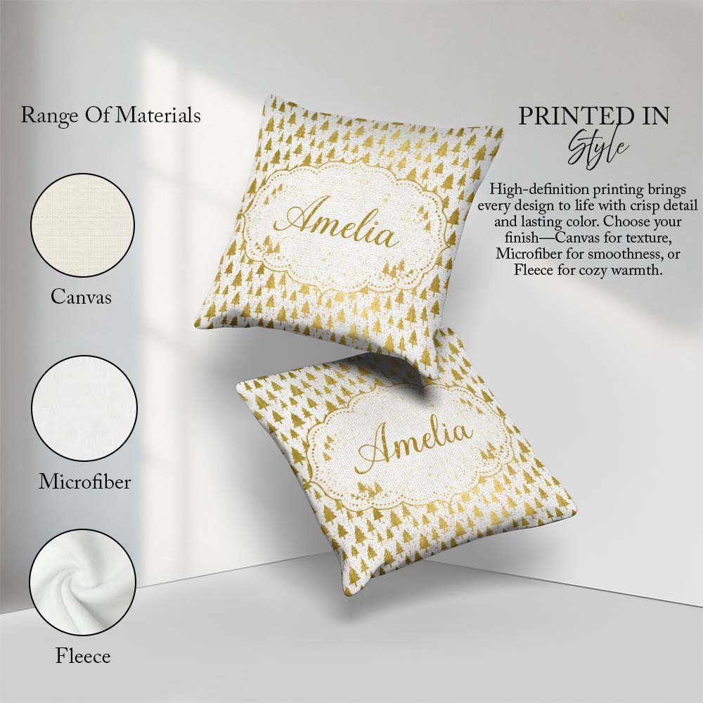 Custom Name Gold Christmas Tree White Background Seamless Lovely Square Filled Cushion Throw Pillow Sofa Bed Home Decor Zip Washable UK Made