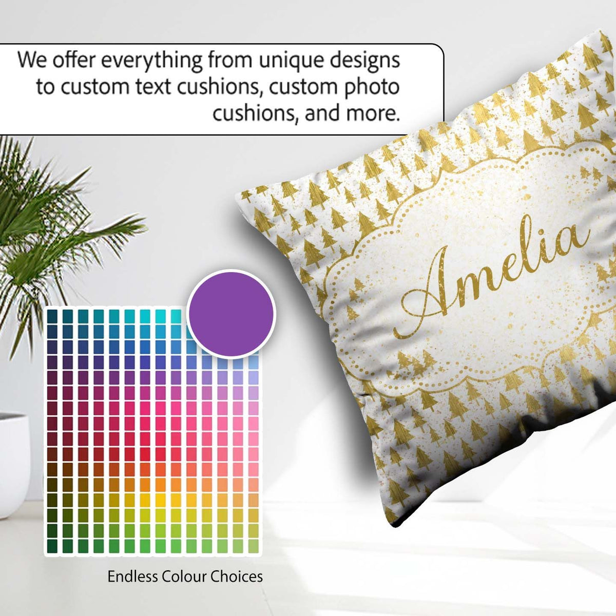 Custom Name Gold Christmas Tree White Background Seamless Lovely Square Filled Cushion Throw Pillow Sofa Bed Home Decor Zip Washable UK Made