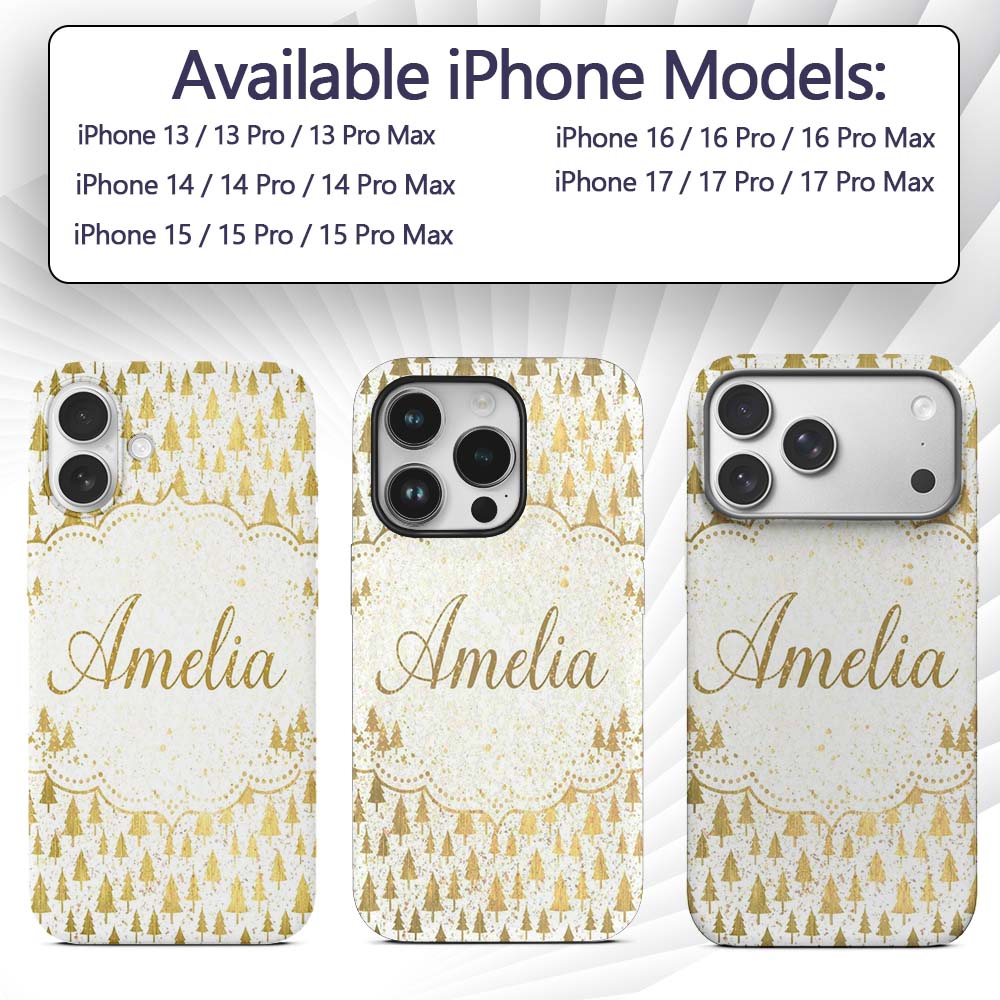 Gold Christmas Tree Pattern White Background Custom Name Protective Phone Case Mobile Cover Durable Everyday Smartphone Shock Resistant