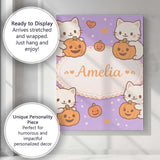 Personalised Name Cute Halloween Cat Pumpkin Cartoon Animal Pattern Custom Canvas Wall Art Print Decor Picture Ready to Hang