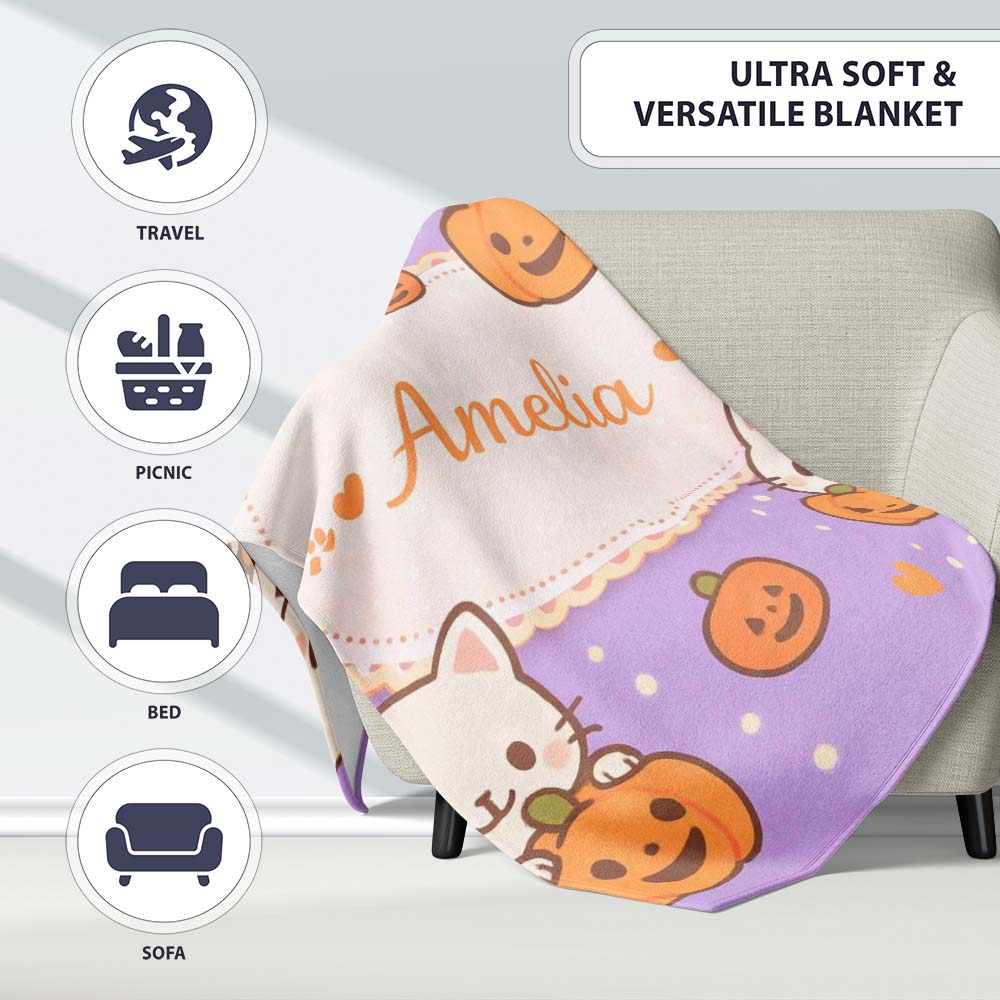 Cute Halloween Cat Pumpkin Cartoon Animal Pattern Cute Unique Gift  Personalised Custom Name Super Soft Fleece Blanket Bed Sofa Throw