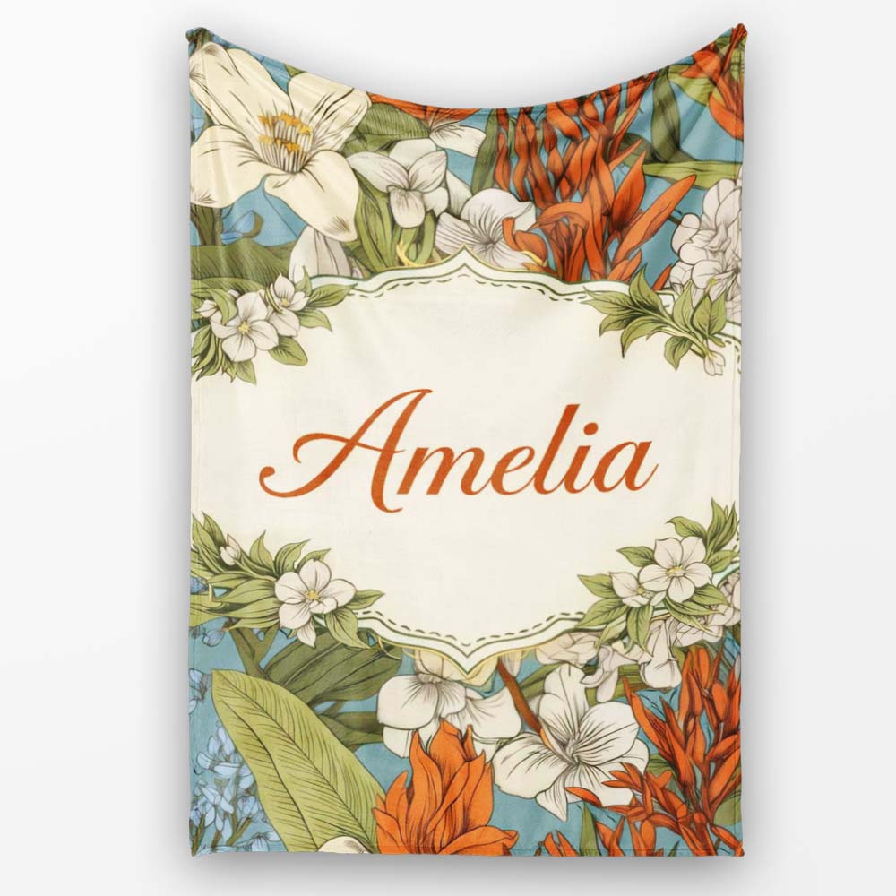 Botanical Floral Illustration Blue Background Seamless Lovely  Personalised Custom Name Super Soft Fleece Blanket Bed Sofa Throw