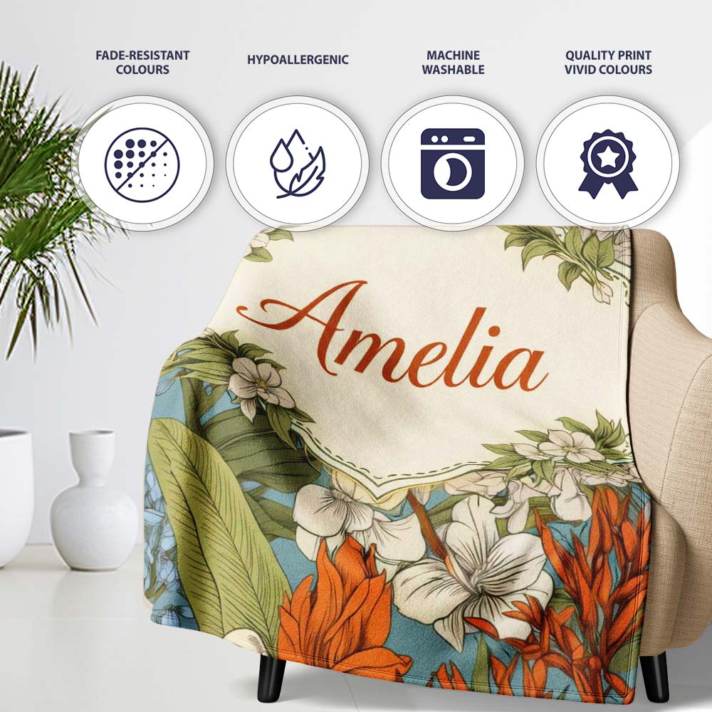 Botanical Floral Illustration Blue Background Seamless Lovely  Personalised Custom Name Super Soft Fleece Blanket Bed Sofa Throw