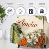 Botanical Floral Illustration Blue Background Seamless Lovely  Personalised Custom Name Super Soft Fleece Blanket Bed Sofa Throw