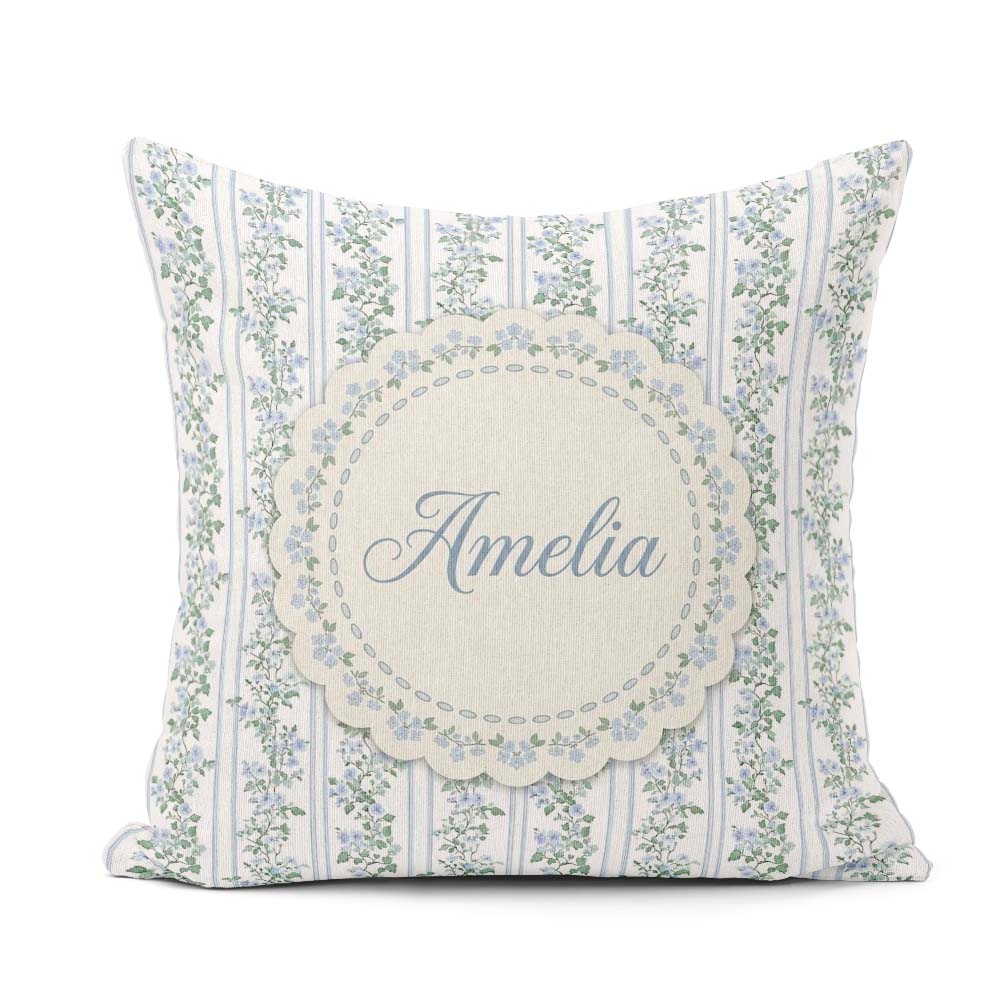Custom Name Blue Floral Vine Stripe Seamless Pattern Coffee Cup Square Filled Cushion Throw Pillow Sofa Bed Home Decor Zip Washable UK Made