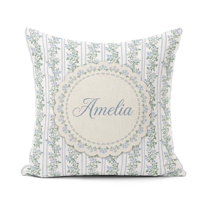 Custom Name Blue Floral Vine Stripe Seamless Pattern Coffee Cup Square Filled Cushion Throw Pillow Sofa Bed Home Decor Zip Washable UK Made