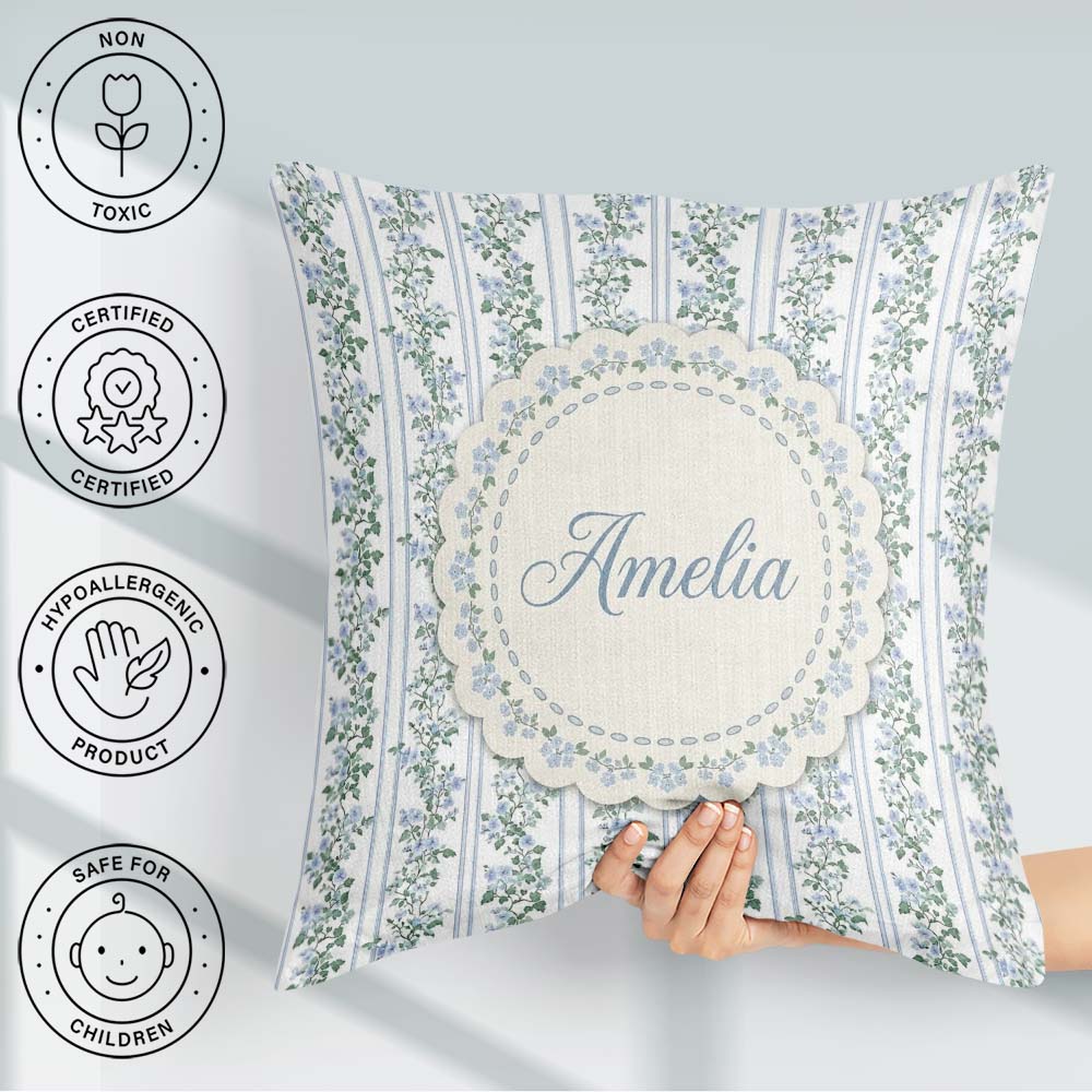 Custom Name Blue Floral Vine Stripe Seamless Pattern Coffee Cup Square Filled Cushion Throw Pillow Sofa Bed Home Decor Zip Washable UK Made
