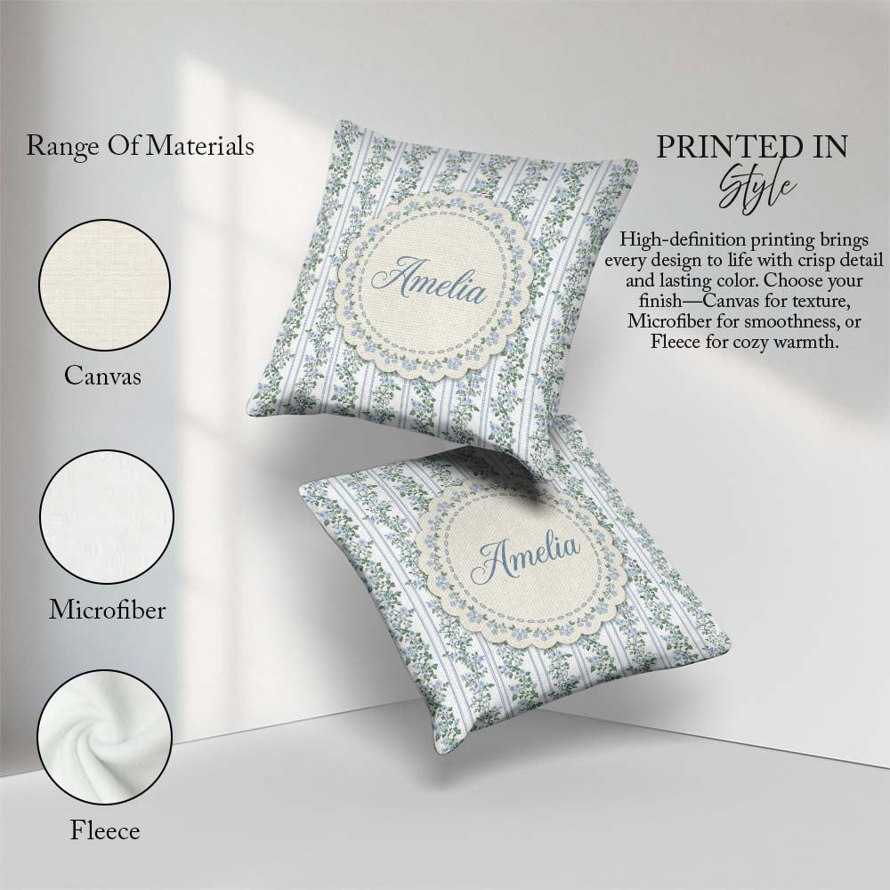 Custom Name Blue Floral Vine Stripe Seamless Pattern Coffee Cup Square Filled Cushion Throw Pillow Sofa Bed Home Decor Zip Washable UK Made