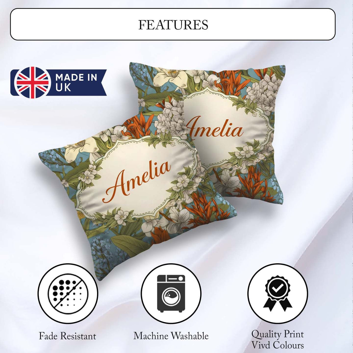 Custom Name Botanical Floral Illustration Blue Background Lovely Square Filled Cushion Throw Pillow Sofa Bed Home Decor Zip Washable UK Made