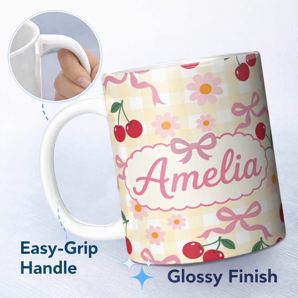 Personalized Custom Name Cute Cherry Bow and Daisy Yellow Gingham Seamless Pattern Lovely 11oz Ceramic Coffee Tea Mug White Large Handle